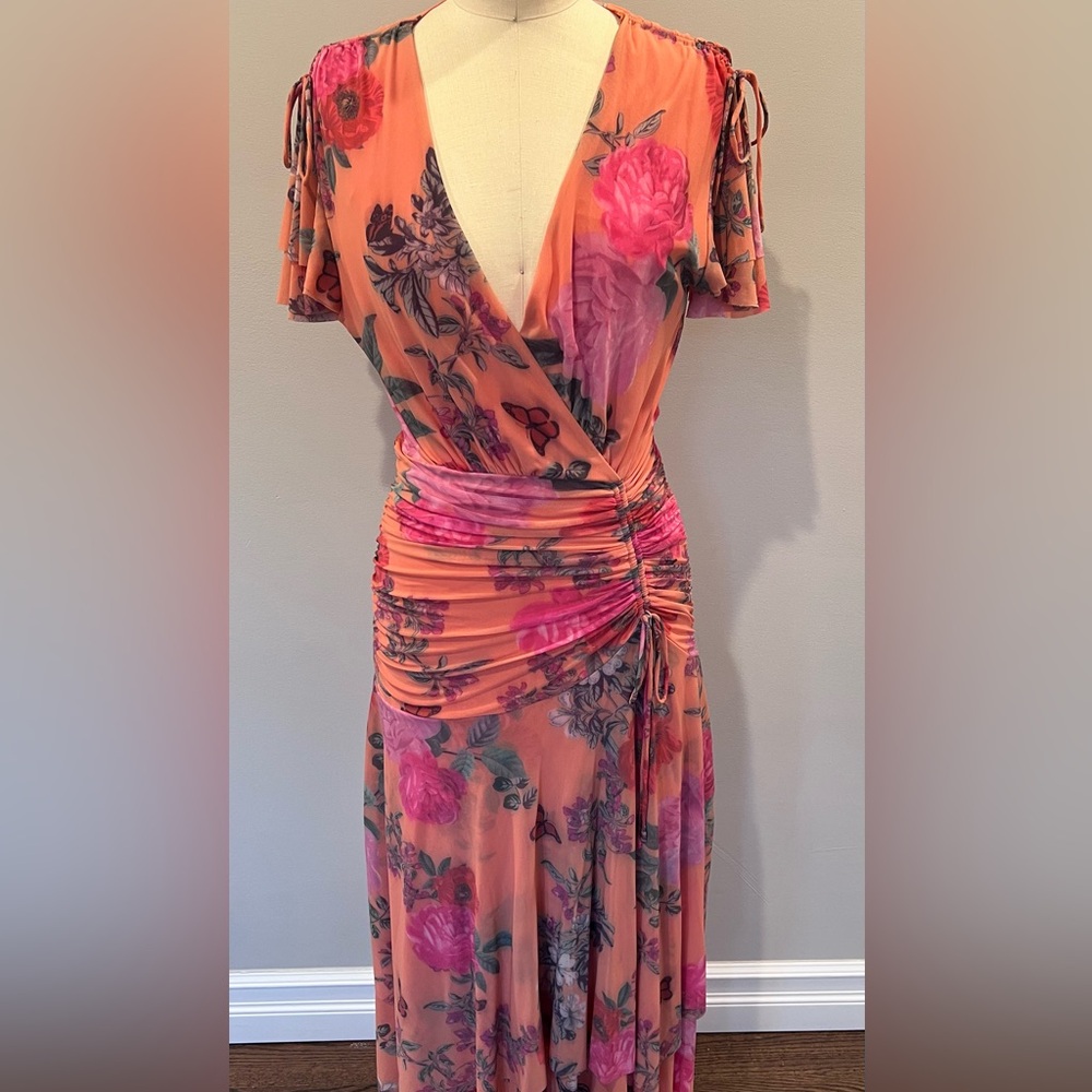 Anthropologie Pink and Orange Ruched Wrap Dress Asymmetrical